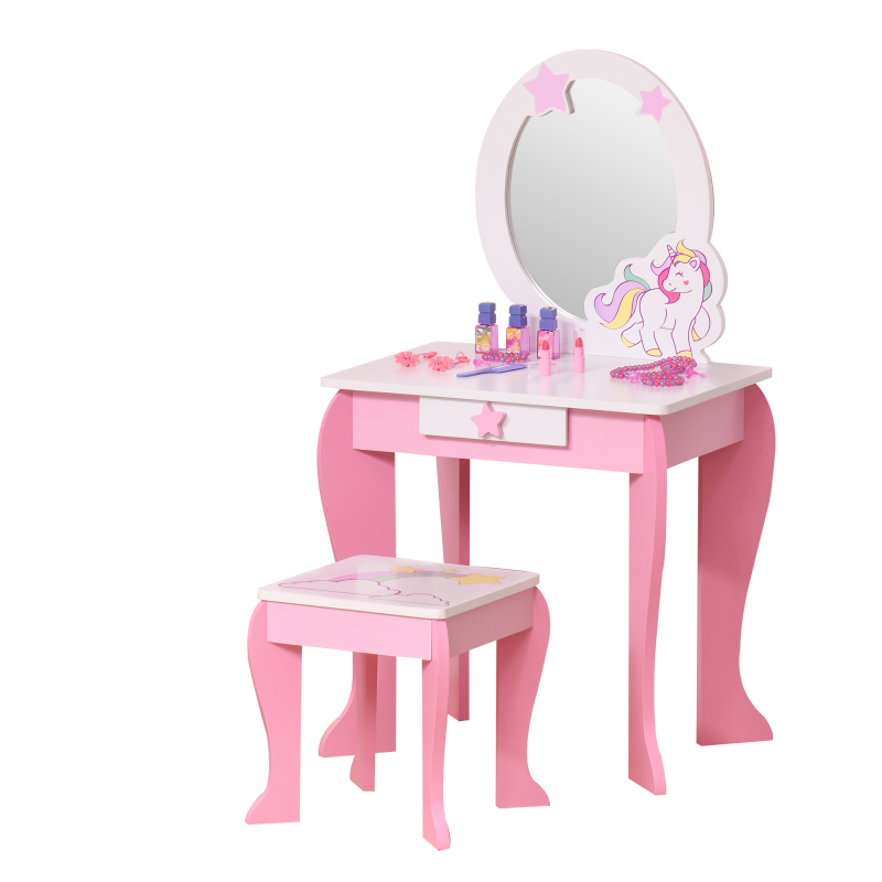HOMCOM 2-Set Kinderschminktisch mit Hocker Frisiertisch Frisierkommode mit Schublade Spiegel für Kleinkind Mädchen Akryl Rosa+Weiß 49 x 34 x 90 cm Aosom – Bild 1 von 2
