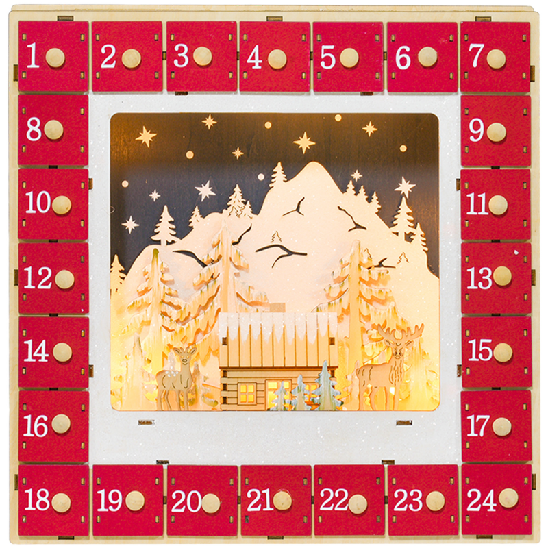 HOMCOM Adventskalender zum Befüllen 24 Schubladen Fächer Weihnachtskalender mit LED-Lichtern Adventskalenderbox Weihnachtsdekoration DIY MDF 34 x 7 x 34 cm Rot Aosom – Bild 1 von 2