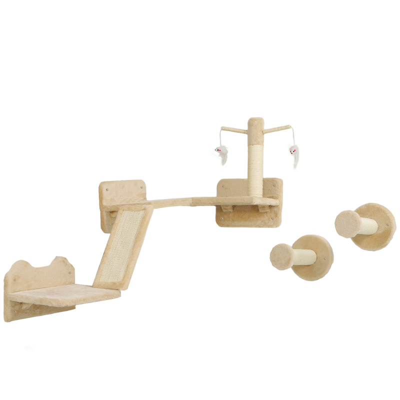 PawHut Katzen Kletterwand Set, 3-teilig Katzenmöbel mit Kratzbrett, Sprungplatten, Kratzstamm, Spielball, für Katzen bis 5 kg, Sisal, Beige Aosom – Bild 1 von 2