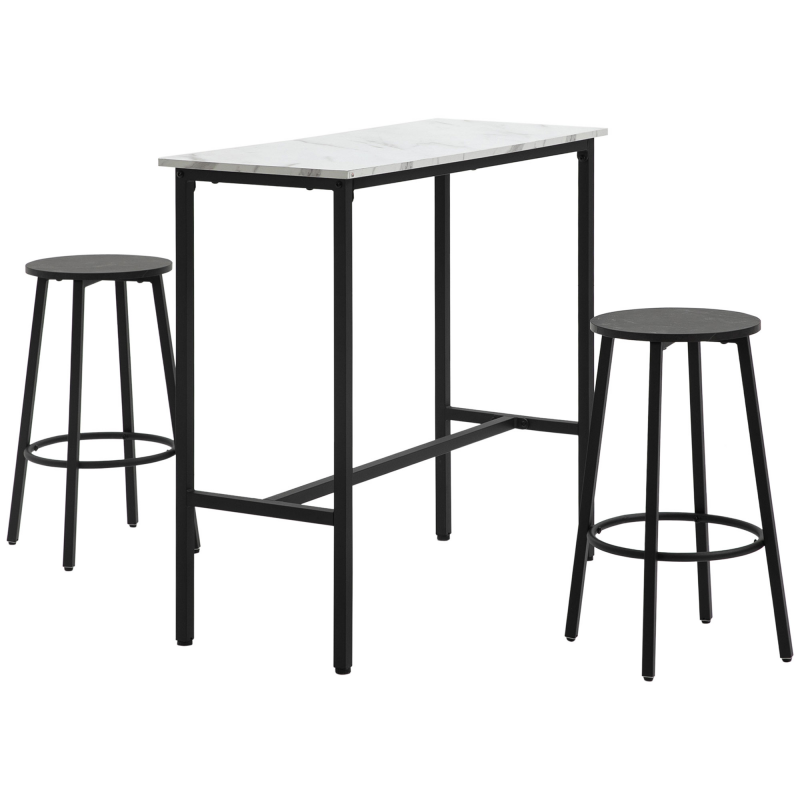 HOMCOM Bartisch mit Barhocker Set, 3-teiliges Bartisch Set, Esstisch mit 2 Barhocker, Essgruppe, Stehtisch, Küchentisch, Stahl, Weiß, Schwarz Aosom – Bild 1 von 2