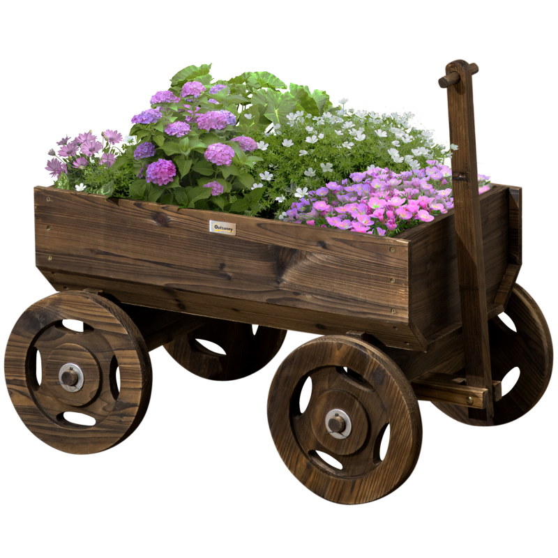 Outsunny Hochbeet Holzwagen-Design Blumenkasten Pflanzenwagen bis 50 kg belastbar Verkohlt 120x53x55cm für Garten & Terrasse Aosom.de – Bild 1 von 2