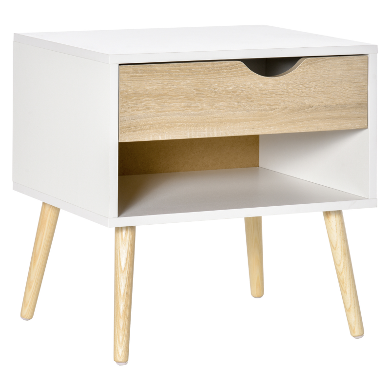 HOMCOM Beistelltisch Nachttisch Flurkommode mit 1 Schubladen MDF Spanplatte Weiß+Eiche 50 x 39 x 51 cm Aosom – Bild 1 von 2