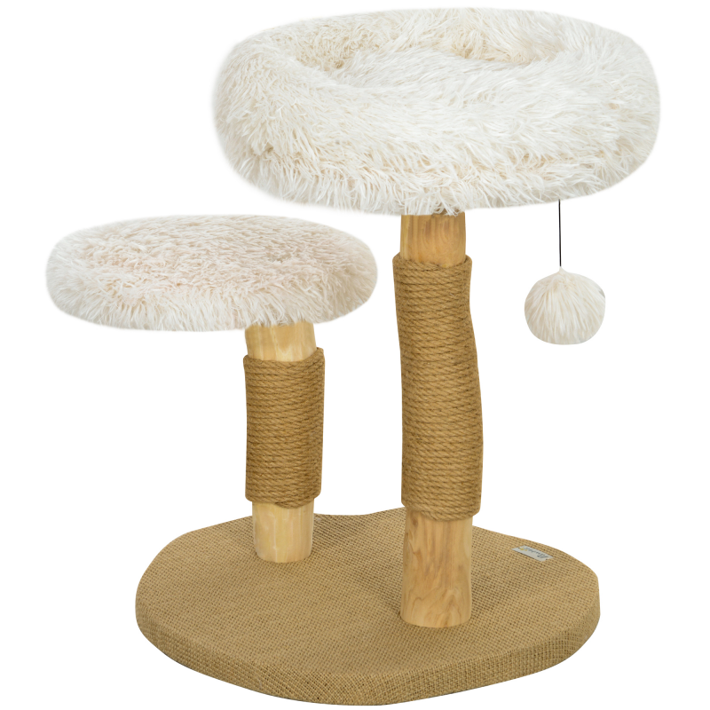 PawHut Kratzbaum 61,5 cm hoch Katzenkratzbaum mit Spielball, Betten, Katzenturm mit Katzenkratzbrett, für Katzen unter 5 kg, Birnbaumholz, Weiß Aosom – Bild 1 von 2