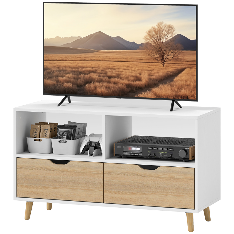 HOMCOM TV Schrank Lowboard mit 2 Ablage, Schublade, 99 cm lang Fernsehtisch für Fernseher, TV Board für Wohnzimmer, Weiß Aosom – Bild 1 von 2