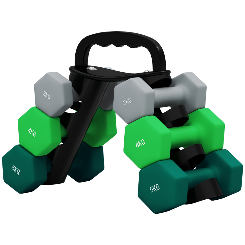 SPORTNOW 6er-Set Kurzhantel 2 x 3 kg, 2 x 4 kg, 2 x 5 kg, Hantel-Set mit Ständer, Hexagon Hanteln Set, für Krafttraining, Fitness Zuhause Gym, Grau+Grün+Türkis Aosom – Bild 1 von 2