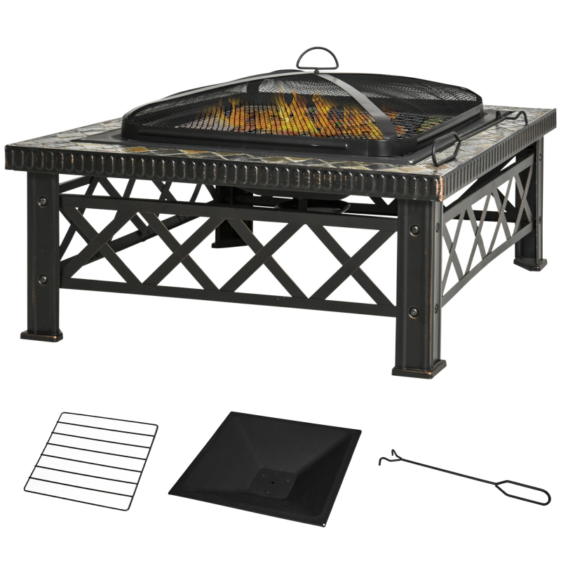 Outsunny 3-in-1 Feuerschale Feuerkorb Feuerstelle mit Funkenschutz, Grillrost & Eiskübel für Garten BBQ Schwarz 76x76x47cm Aosom.de – Bild 1 von 2