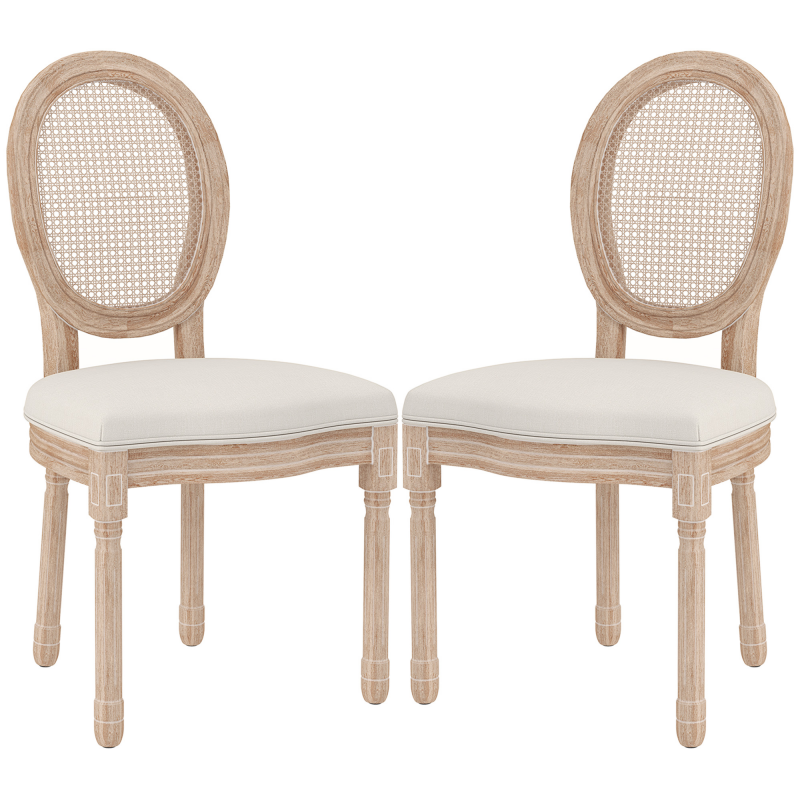 HOMCOM Esszimmerstühle 2er-Set Küchenstuhl mit Rückenlehne, Leinen- & Rattanoptik, Holzbeine, Cremeweiß Aosom – Bild 1 von 2