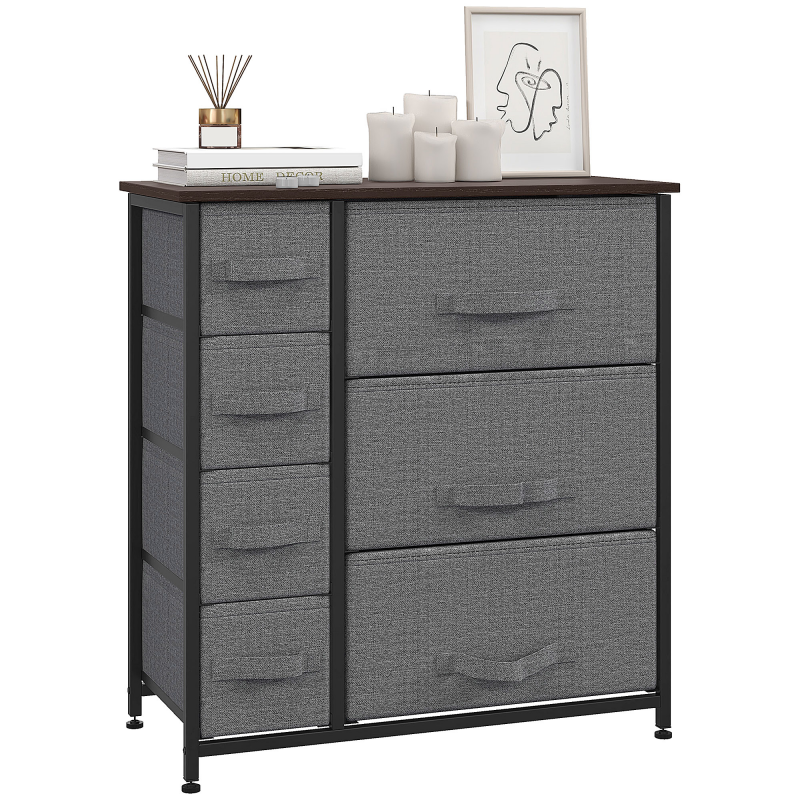 HOMCOM Schubladenschrank Aufbewahrungsschrank mit 7 faltbaren Stoffschubladen, Metallgestell in Holzoptik, grau, 63,5x30x71cm Aosom.de – Bild 1 von 2