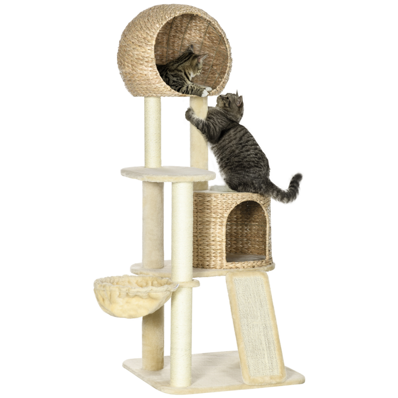 PawHut Kratzbaum katze Mit Katzenhaus aus Rattan, mehrere Plattformen, Hängematte & Rampe, Kippschutz, Plüsch, Beige, 60 x 60 x 150 cm Aosom – Bild 1 von 2