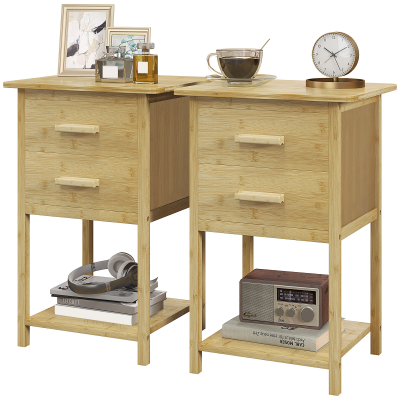 HOMCOM 2er Set Nachttisch Nachtkommode mit Schublade Ablage und Griff für Schlafzimmer Wohnzimmer Natur 40 x 34 x 60 cm Aosom.de – Bild 1 von 2