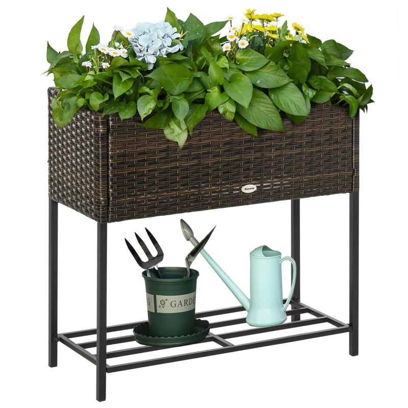 Outsunny Poly Rattan Hochbeet Blumenkasten mit Füßen Blumentopf mit Ablage Braun 70 x 30 x 72 cm Aosom – Bild 1 von 2