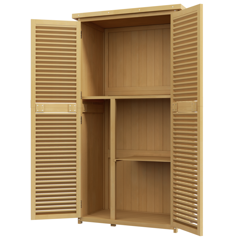 Outsunny Gartenschrank Holz Geräteschuppen Gerätehaus mit Asphaltdach Lamellentür Geräteschrank Schuppen Garten 4 Fächer Hellgelb 87 x 46,5 x 160 cm Aosom – Bild 1 von 2
