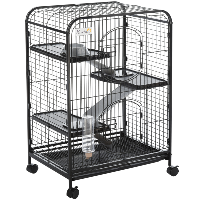 PawHut Kleintierkäfig rollbarer Nagerkäfig 3-stöckiger Tierkäfig mit Hängematten 2 Türen Metall 64 x 43,5 x 93 cm Aosom – Bild 1 von 2