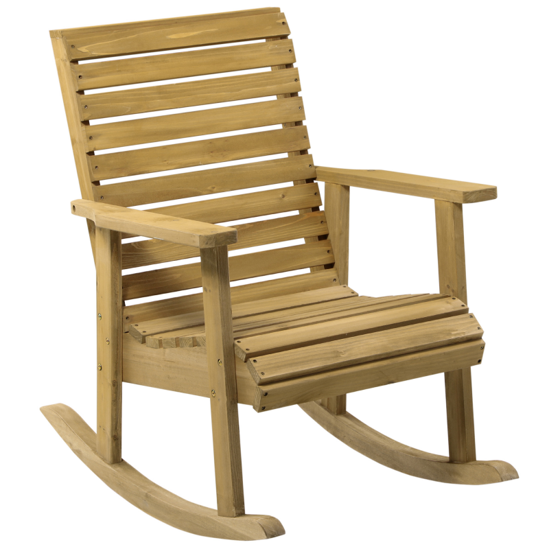 Outsunny Schaukelstuhl Schwingsessel mit Armlehne, Gartenstuhl Relaxstuhl für Balkon & Terrasse, belastbar bis 130 kg, Tannenholz hellbraun Aosom.de – Bild 1 von 2