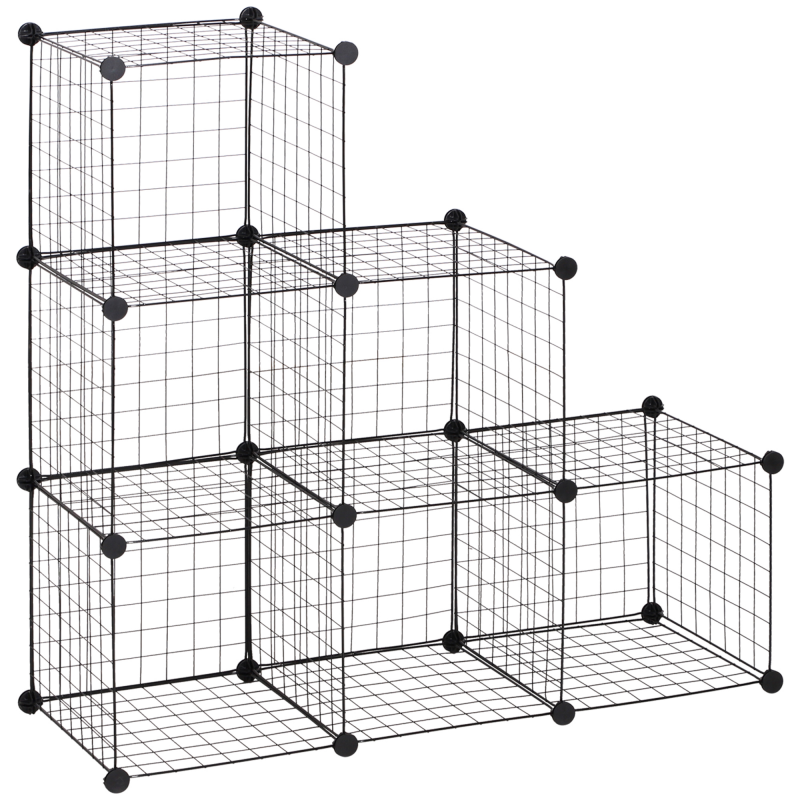 HOMCOM Steckregal, Regalsystem mit 6 Fächern, DIY Würfelregal aus Drahtgitter, Stufenregal für Wohnzimmer, Schlafzimmer, Schwarz, 109 x 37 x 109 cm Aosom – Bild 1 von 2