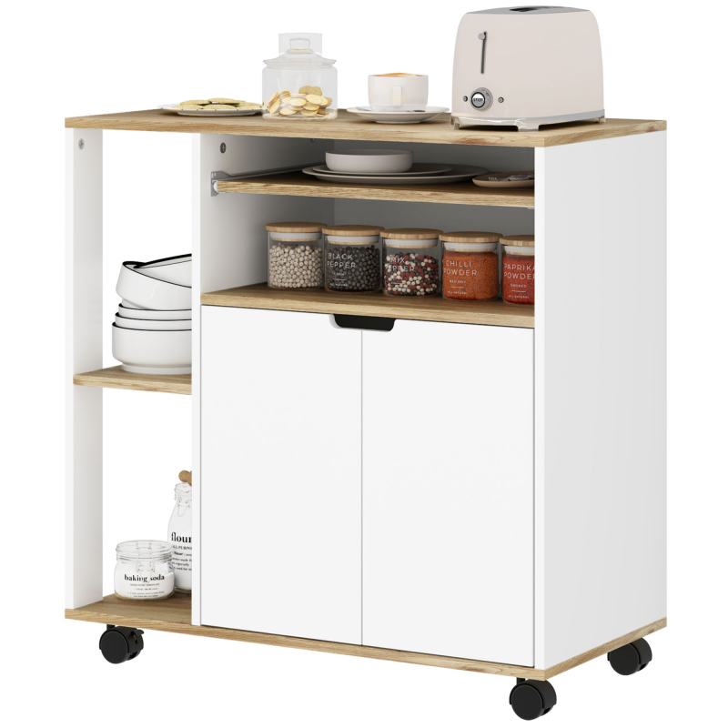 HOMCOM Küchenwagen Servierwagen mit Schrank, verschiebbaren und verstellbaren Einlegeböden, Rollwagen mit Arbeitsplatte, Rollen für Esszimmer, 80 x 40 x 82 cm, Weiß Aosom – Bild 1 von 2