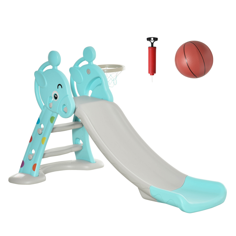 HOMCOM Kinderrutsche mit Basketballkorb faltbare Spielzeugrutsche mit verlängerter Heckkissen Dreiecksstruktur HDPE PP Hellblau+Grau 147x82x85,5cm Aosom – Bild 1 von 2