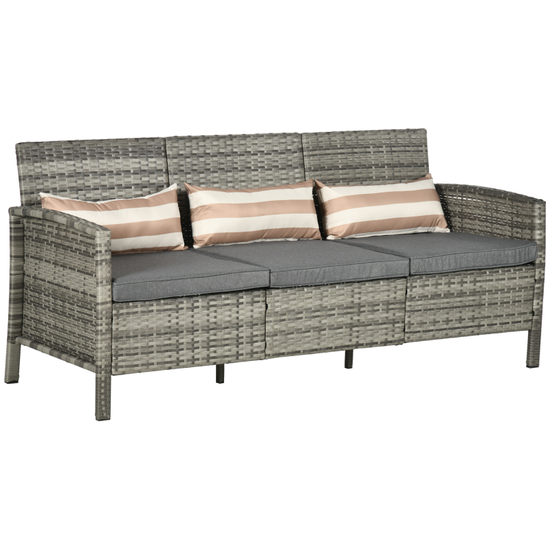 Outsunny Rattan Garten Loungesofa Dreisitzer mit Kissen, Stahlrahmen, Grau, 173 x 68 x 78 cm, ideal für Terrasse & Balkon Aosom.de – Bild 1 von 2