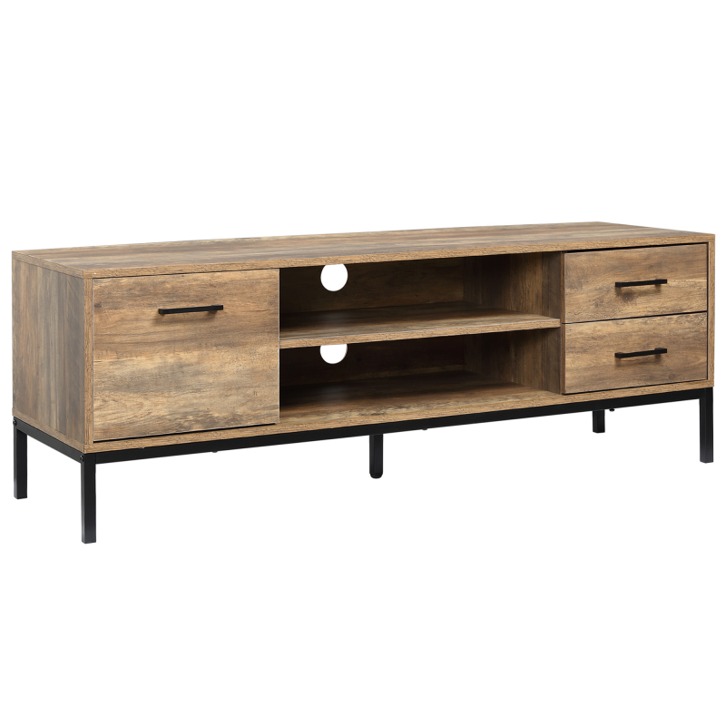 HOMCOM TV-Schrank, Fernsehschrank mit 2 Fächern, 2 Schubladen, Schrank, TV Board mit Kabelöffnung, TV Kommode für TV-Geräte bis zu 50 Zoll, TV Bank für Wohnzimmer, Metall, Kaffee, 132 x 39 x 45,5 cm Aosom – Bild 1 von 2