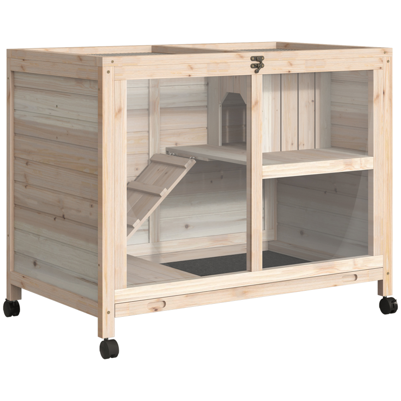PawHut Kleintierkäfig mit Rädern Meerschweinchenkäfig Kleintierstall Kleintierhaus innen und außen winterfest Tannenholz Natur 91,5 x 53,3 x 73 cm Aosom – Bild 1 von 2