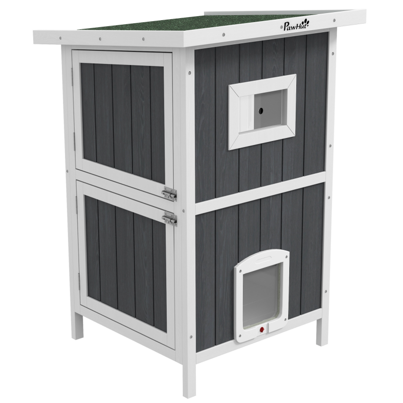 PawHut Katzenhaus aus Holz Outdoor Katzenhütte 2-stöckiges Katzenhöhle mit Balkon, abnehmbarer Bodenplatte, 4 Türen, für 1-2 Katzen bis 5 kg, Grau Aosom – Bild 1 von 2