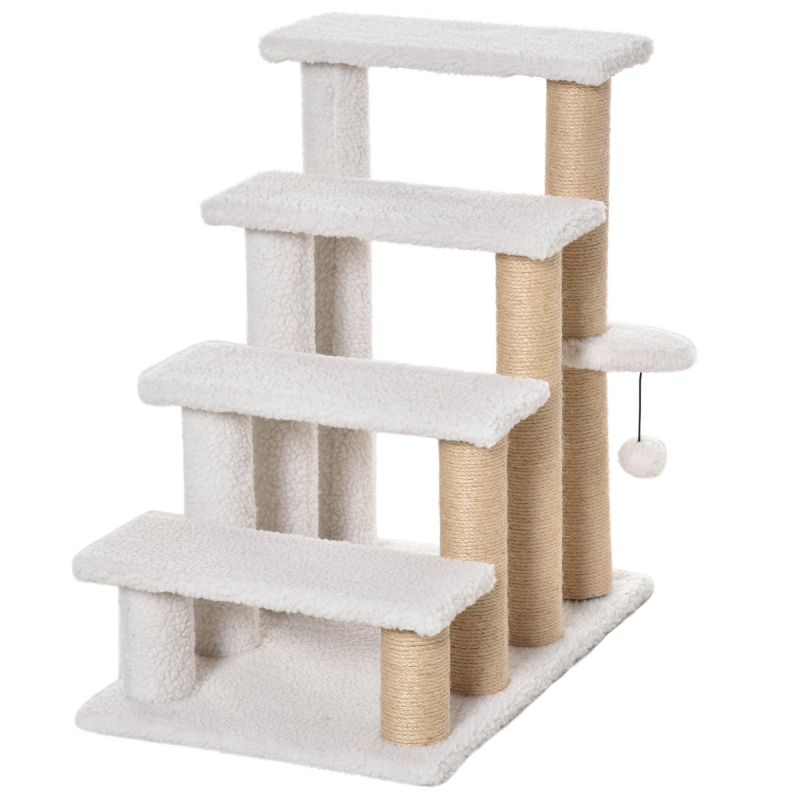 PawHut Haustiertreppe mit Kratzbaum 4-stufige Katzentreppe & Hundetreppe aus Spanplatte, Plüsch & Jute, Weiß, 60x40x64cm für Katzen & Hunde Aosom.de – Bild 1 von 2