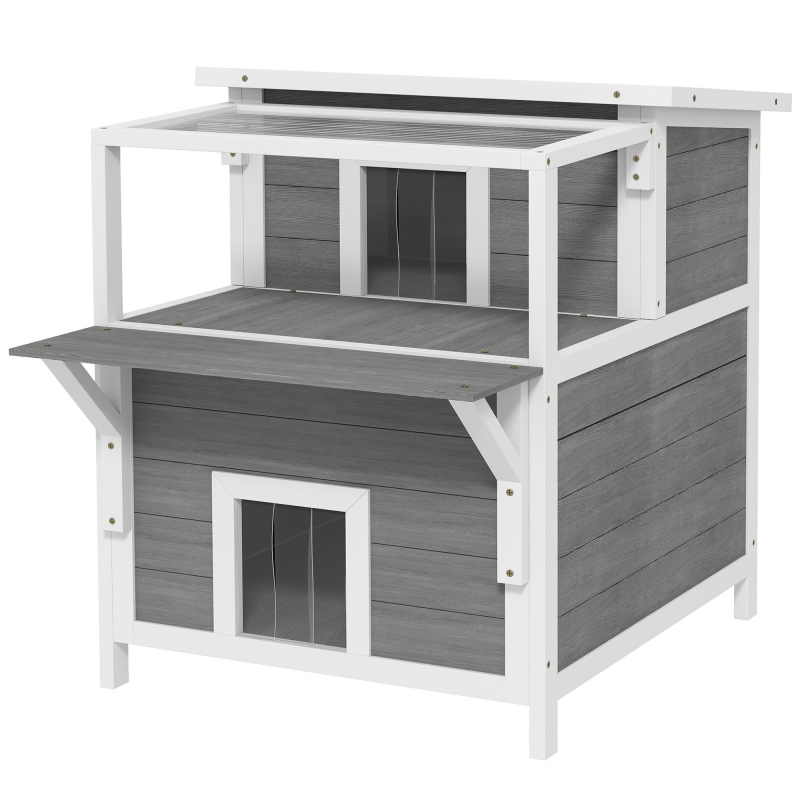 PawHut Katzenhöhle, Katzenhütte aus Tannenholz, Katzenhaus mit Balkon, Eingängen, für Katzen bis 5 kg, Outdoor, 64 x 87 x 76 cm, Hellgrau Aosom – Bild 1 von 2