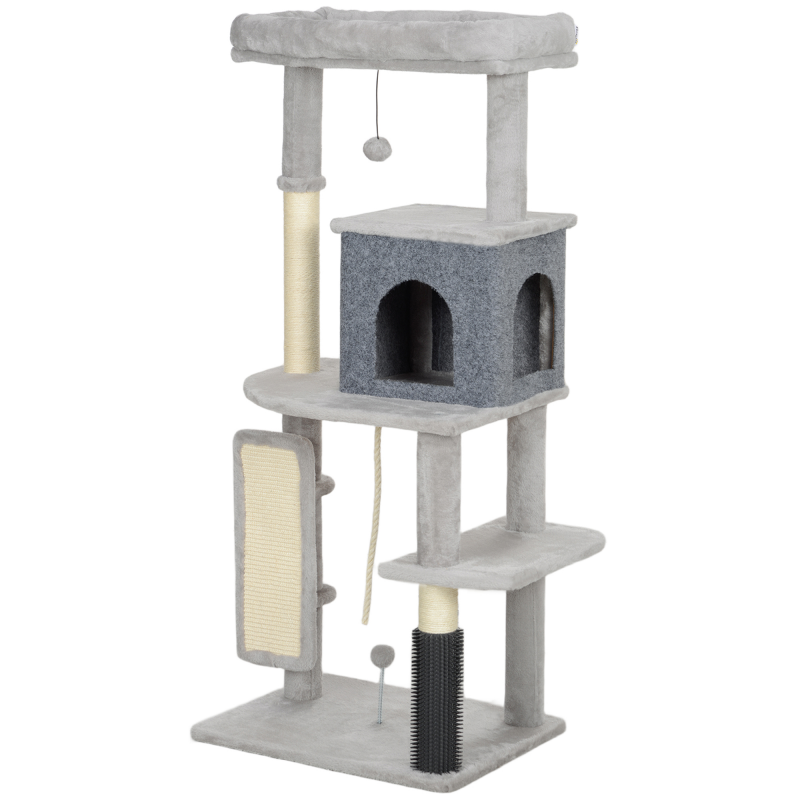 PawHut Kratzbaum 132 cm Katzenbaum mit Katzenhöhle, Spielball, Katzenkratzbaum mit Sisal-Kratzsäulen, für Katzen bis 6 kg, Hellgrau Aosom – Bild 1 von 2