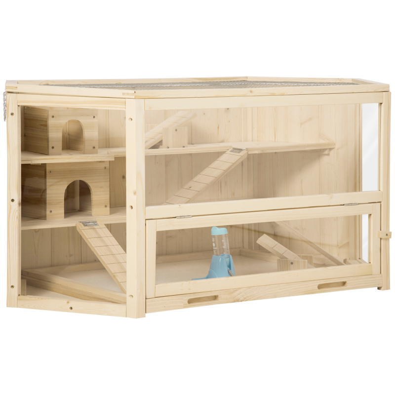 PawHut Kleintierkäfig mit Rampe & Wippe, aufklappbare Hamsterkäfig, abnehmbare Bodenwanne, Tannenholz 115x60x55 cm, für kleine Nagetiere Aosom – Bild 1 von 2