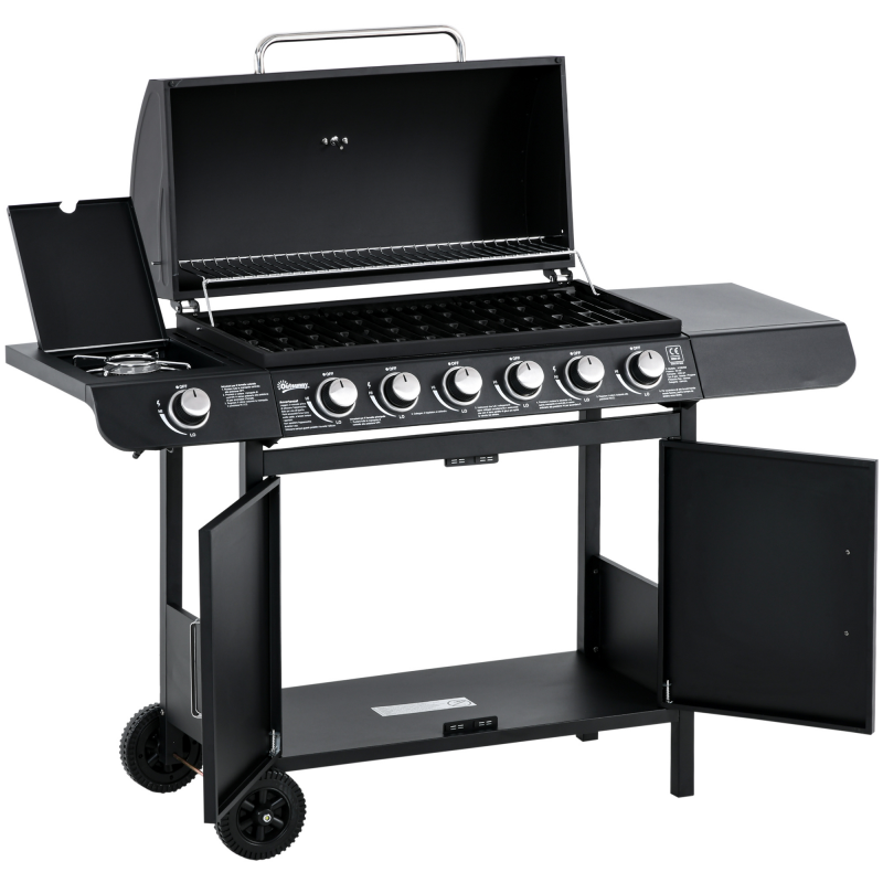 Outsunny Gasgrill BBQ Grillwagen mit 6 Brennern 1 Seitenbrenner Schrank Multifunktion Metall Schwarz 135 x 50 x 100 cm Aosom – Bild 1 von 2