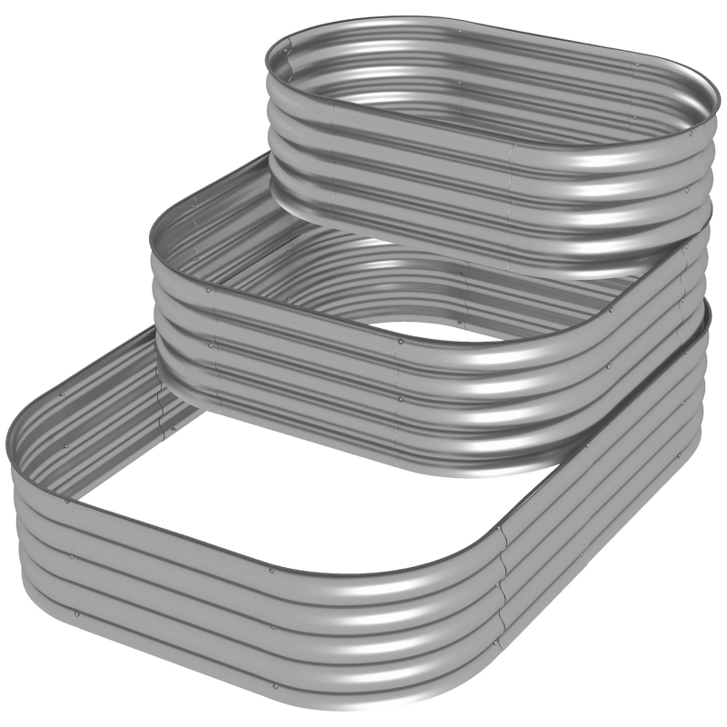 Outsunny Hochbeet aus Metall, 3-stufiger Pflanzkasten, DIY Blumenkasten, Kräuterbeet mit Sicherheitskanten, Gemüsebeet für Garten, Balkon, Silber, 158 x 109 x 82 cm Aosom – Bild 1 von 2