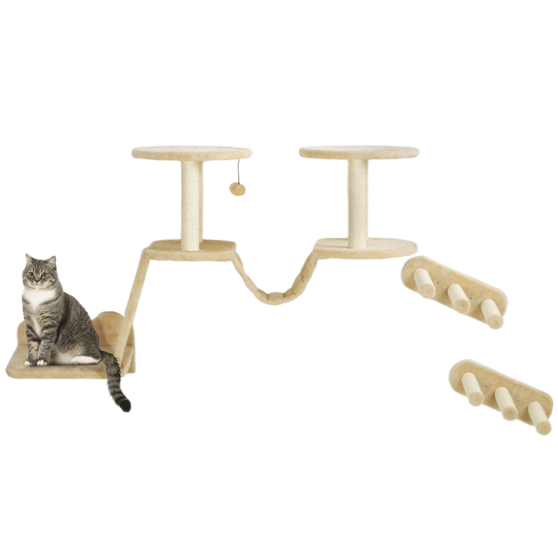PawHut Katzen Kletterwand Set, 3-teilig Katzenmöbel mit Kratzbaum, Sitzstangen, Leiter, Stufen, Kratzbrett, für Katzen bis 5 kg, Sisal, Beige Aosom – Bild 1 von 2