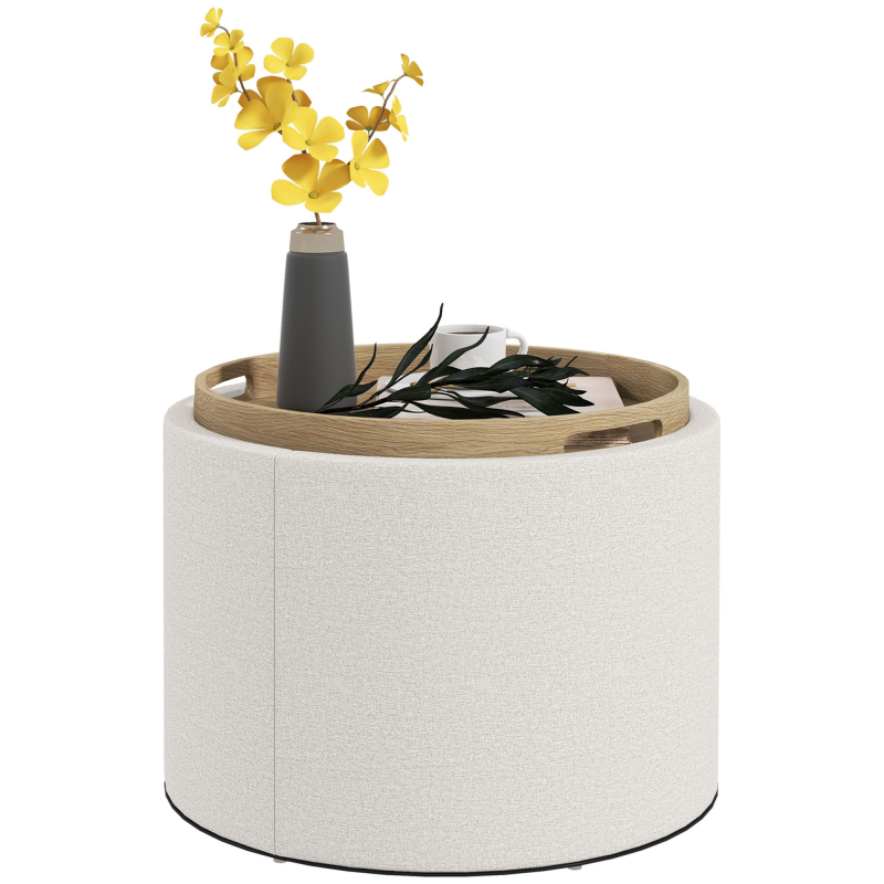 HOMCOM Ottomane Runder Sitzhocker Polsterhocker mit Stauraum, Klappdeckel, in Leinenoptik für Wohnzimmer, Schlafzimmer, Creme, Ø56 x 42 cm Aosom – Bild 1 von 2