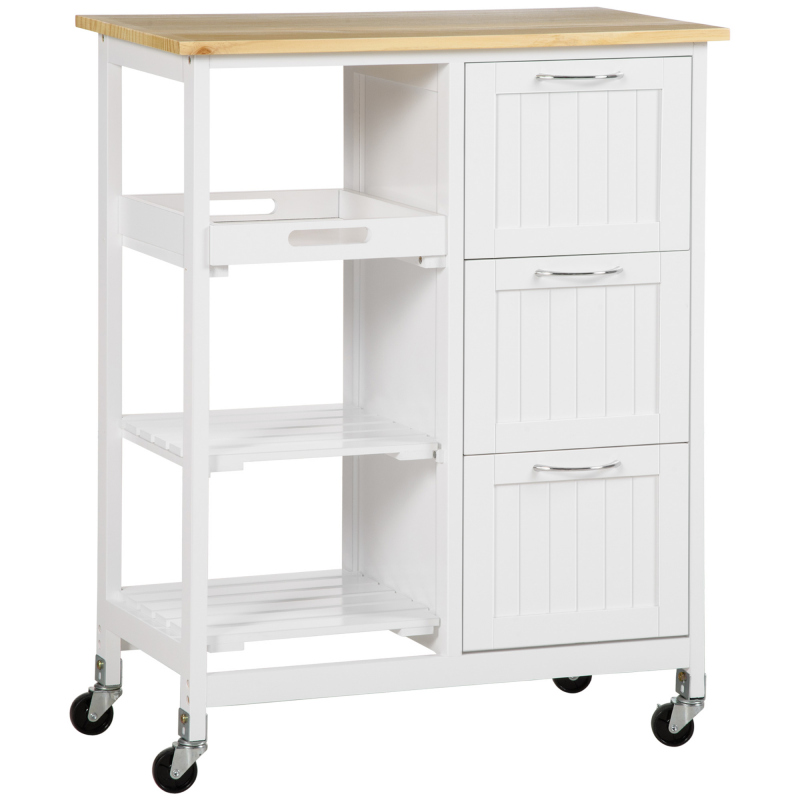 HOMCOM Küchenwagen, Servierwagen mit 3 Schubladen, 3 Ebenen, Arbeitsplatte, Küchenrollwagen, Aufbewahrungswagen, Weiß, 67 x 37 x 85 cm Aosom – Bild 1 von 2