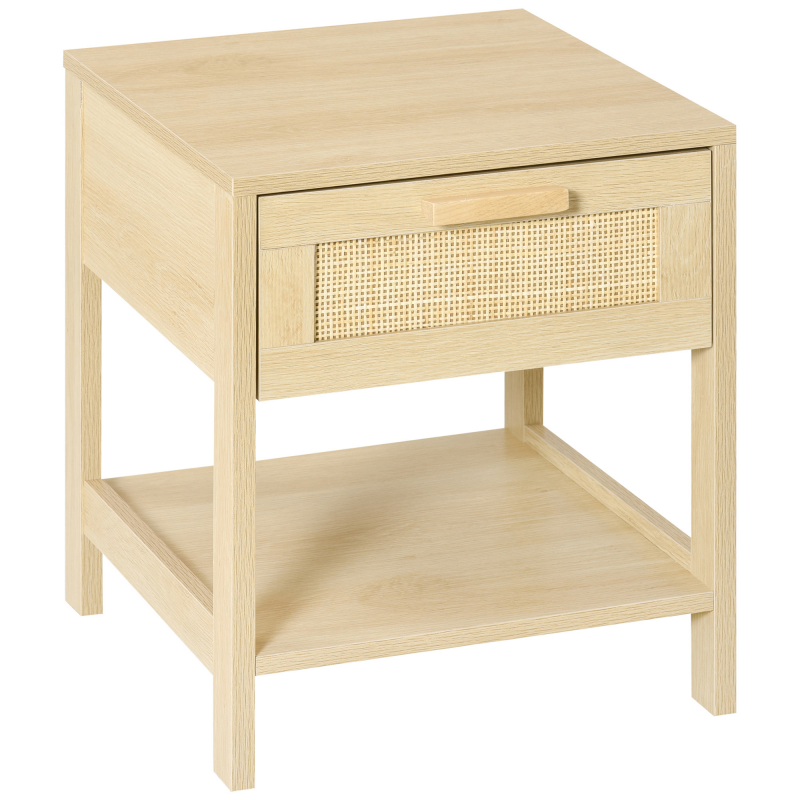HOMCOM Nachttisch Nachtschrank Beistelltisch natürlicher Nachtkommode mit Schublade offenen Ablage Rattan-Design MDF Natur 40 x 40 x 48 cm Aosom – Bild 1 von 2