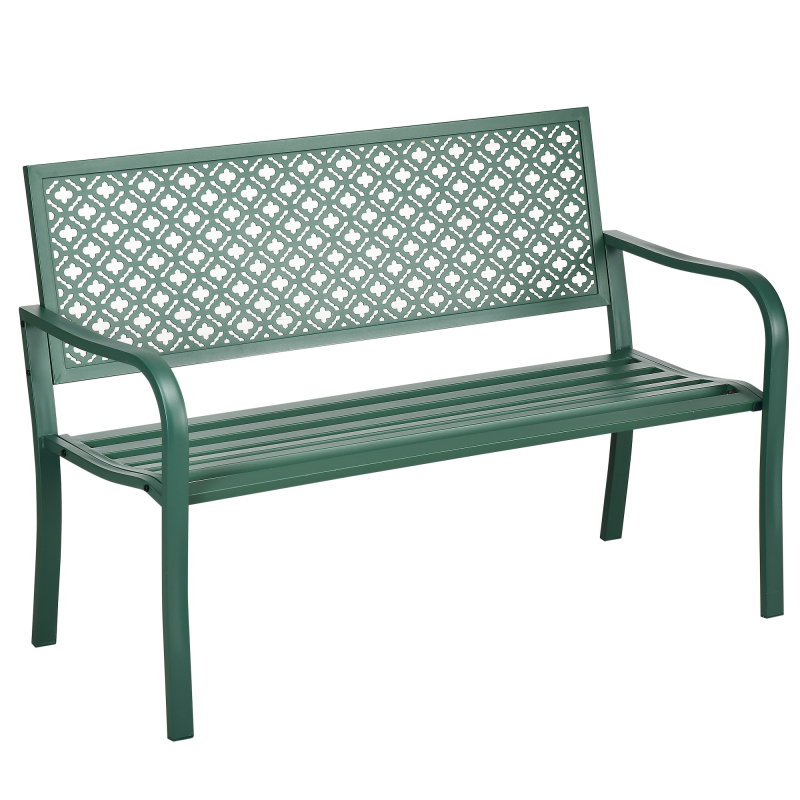 Outsunny Gartenbank Stahl, 2-Sitzer Parkbank mit Rückenlehne & Armlehne, Sitzbank mit Blumenmuster, für Garten, Balkon, max. 240 kg, Dunkelgrün, 127 x 63 x 83 cm Aosom – Bild 1 von 2