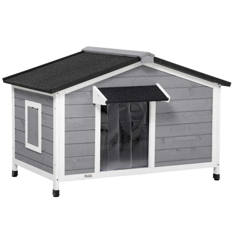 PawHut Hundehütte aus Tannenholz wetterbeständiges Hundehaus mit öffnendem Asphaltdach & abnehmbarem Boden Grau 109x79x72cm für große Hunde Aosom.de – Bild 1 von 2