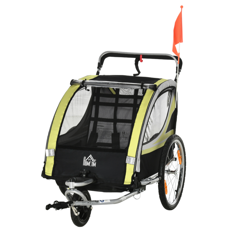 HOMCOM Kinderfahrradanhänger 2 in 1 Federung, Mesh-Tür, 360° Drehbares Vorderrad, Bremse, Gelb+Schwarz, 142x75x101cm Aosom – Bild 1 von 2