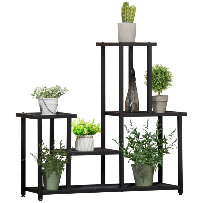 Outsunny Pflanzenregal mit 4 Stufen Mehrstöckiges Blumenregal, Pflanzenständer für Garten, Balkon, Metall, Schwarz, 91x25x83cm Aosom – Bild 1 von 2