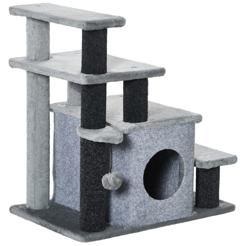 PawHut Haustiertreppe 3/4-stufige Katzentreppe mit Schlafhöhle & Spielball, Plüschbezug, stabile Spanplatte für Katzen Aosom.de – Bild 1 von 2