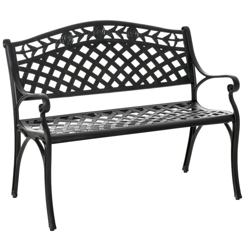 Outsunny 2-Sitzer Gartenbank Alu Metallbank mit Armlehnen im Landhausstil Schwarz 102,5 x 61 x 84 cm ideal für Terrasse & Garten Aosom.de – Bild 1 von 2