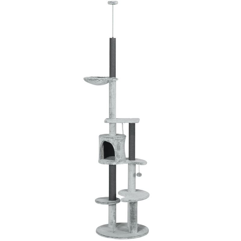 PawHut Deckenhoher Kratzbaum höhenverstellbar 225-255 cm mit Kippschutz Katzenhöhle Kratzstämme Spielball Grau Aosom.de – Bild 1 von 2