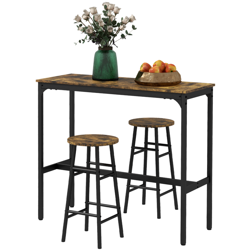 HOMCOM Bartisch-Set, 3tlg. Bartisch mit Barhocker Set, Essgruppe im Industriedesign, Küchentisch mit 2 Barhocker, für Esszimmer, Küche, Stahl, Rustikal-Braun Aosom – Bild 1 von 2