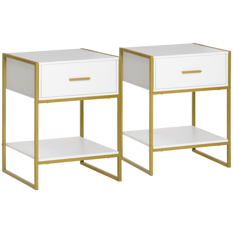 HOMCOM Nachttisch, 2er Set, Nachtschrank mit Schublade und offenem Regal, Nachtkommode, Beistelltisch aus Stahlrahmen für Schlafzimmer, Wohnzimmer, Weiß+Gold, 45 x 40 x 60 cm Aosom – Bild 1 von 2