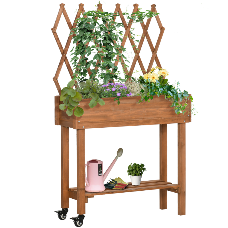 Outsunny Hochbeet mit Rankgitter Blumenkasten auf Rollen mit Ablage aus massivem Holz für Terrasse und Garten in Braun 79x29x130cm Aosom.de – Bild 1 von 2