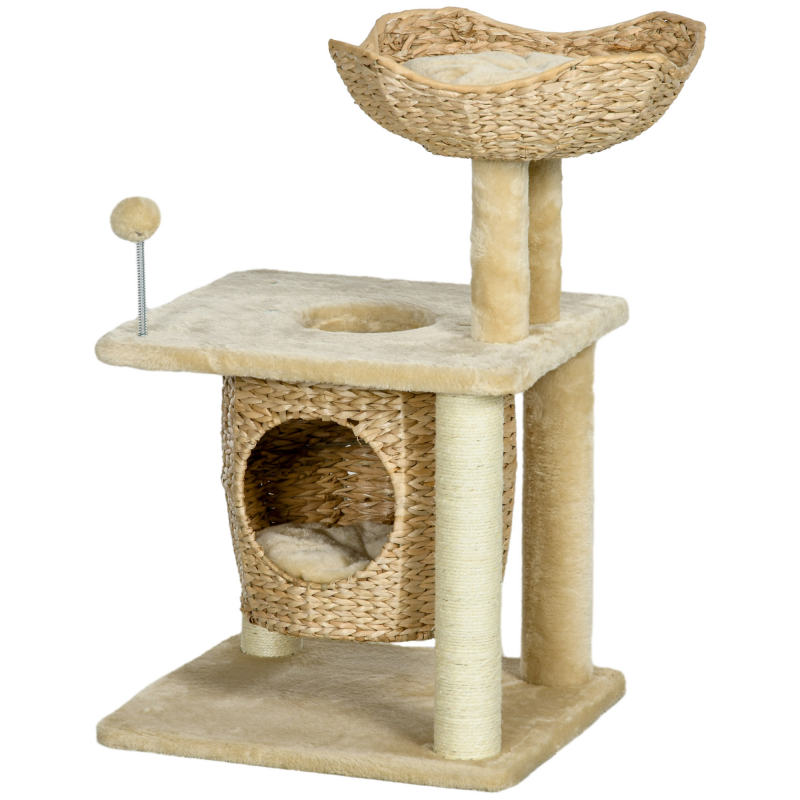 PawHut Katzen Kratzbaum Klein, 74 cm Katzenbaum mit Katzenhöhle, Spielball, Indoor Kletterturm mit Bett, Kratzmöbel für Katzen bis 5 kg, Beige Aosom – Bild 1 von 2
