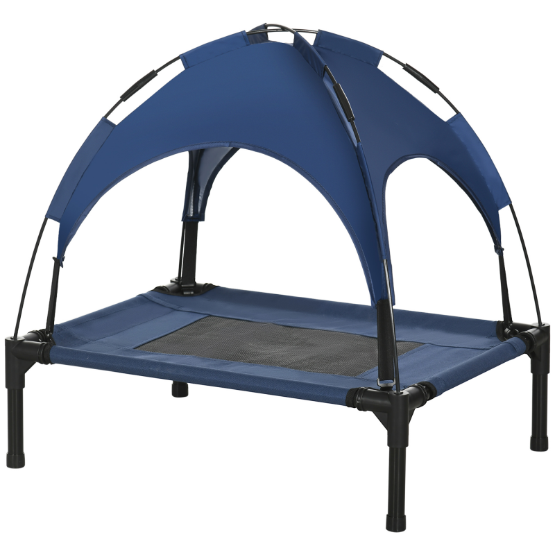 PawHut Erhöhtes Hundebett Outdoor mit Baldachin UV-Schutz 61x46x62cm, atmungsaktiver Taftstoff in Dunkelblau für komfortable Tierruhe Aosom.de – Bild 1 von 2