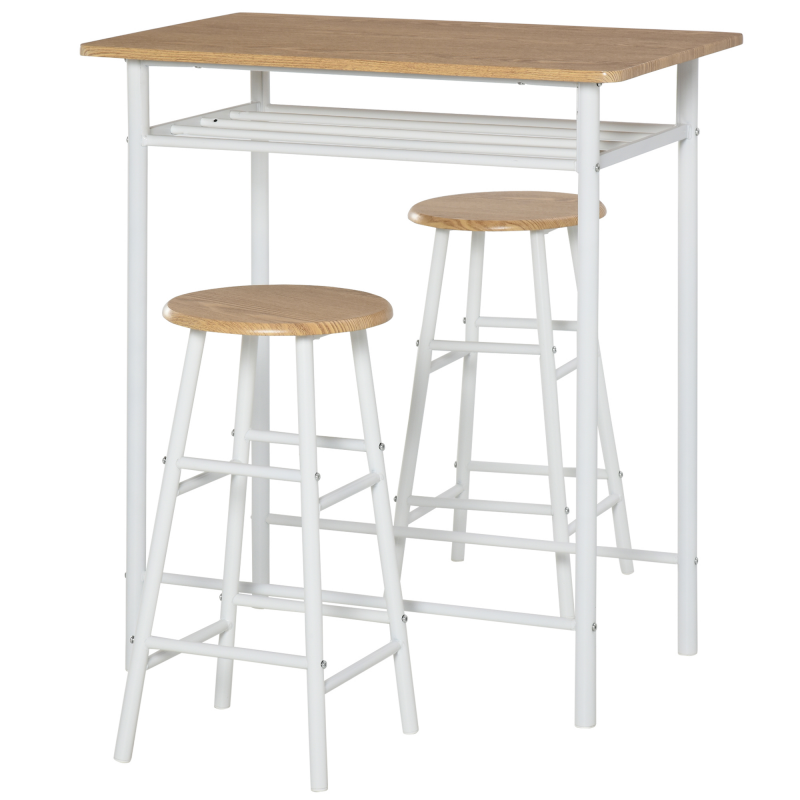 HOMCOM Bartisch Set 3-teilig Esstisch mit 2 Barhocker Essgruppe Küchentisch und Stühle Stehtisch und Barhocker mit Lagerregal MDF-Platte Stahl Weiß+Eiche 80 x 50 x 90 cm Aosom – Bild 1 von 2