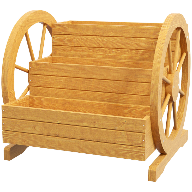 Outsunny Blumenkasten mit Wagenrad 61 x 62 x 57 cm wetterbeständig wasserabweisend 3 Etagen mit Entwässerungslöchern aus Tannenholz Teak Aosom.de – Bild 1 von 2
