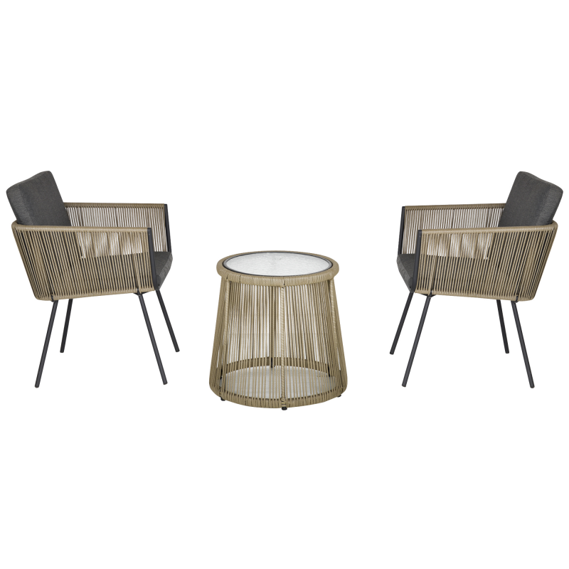 Outsunny 3-tlg. Rattan Gartenmöbel-Set, Sitzgruppe mit 2 Gartenstühlen, Kissen, Hartglasplatte, Stahl, Grau für Terrasse & Balkon Aosom.de – Bild 1 von 2